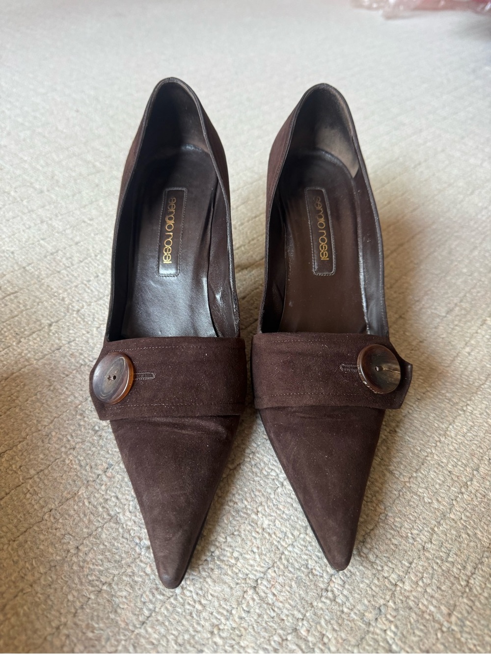 Sergio Rossi Brown Suede Pointed-Toe Button Accent Pumps size 8